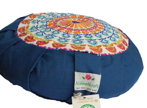 Embroidered Round Zafu Yoga Pillow |Zipped Cover |Washable| Portable - Steel Blue