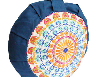 Embroidered Round Zafu Yoga Pillow |Zipped Cover |Washable| Portable - Steel Blue