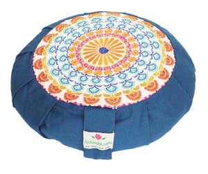 Embroidered Round Zafu Yoga Pillow |Zipped Cover |Washable| Portable - Steel Blue