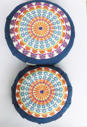 Embroidered Round Zafu Yoga Pillow |Zipped Cover |Washable| Portable - Steel Blue