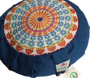 Embroidered Round Zafu Yoga Pillow |Zipped Cover |Washable| Portable - Steel Blue
