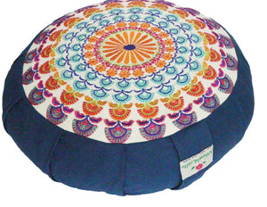 Embroidered Round Zafu Yoga Pillow |Zipped Cover |Washable| Portable - Steel Blue