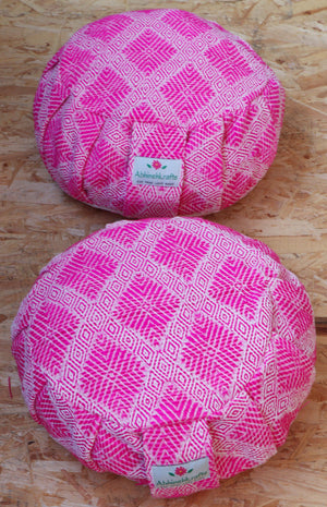 Yoga Meditation Cushion | Handwoven Handmade Round Zafu Pillow |Zipped Cover |Washable| Portable - Fuchsia Love - Filling Options Available