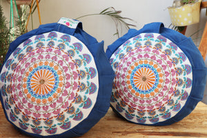 Embroidered Round Zafu Yoga Pillow |Zipped Cover |Washable| Portable - Large Size - Steel Blue & Teal Blue