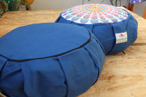 Embroidered Round Zafu Yoga Pillow |Zipped Cover |Washable| Portable - Large Size - Steel Blue & Teal Blue