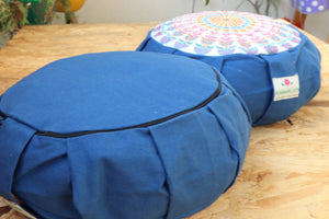 Embroidered Round Zafu Yoga Pillow |Zipped Cover |Washable| Portable - Large Size - Steel Blue & Teal Blue