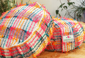Yoga Meditation Cushion | Handwoven Handmade Round Zafu Pillow |Zipped Cover |Washable| Portable - Rainbow - Filling Options Available