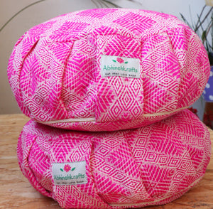 Yoga Meditation Cushion | Handwoven Handmade Round Zafu Pillow |Zipped Cover |Washable| Portable - Fuchsia Love - Filling Options Available