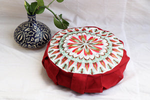 Embroidered Round Zafu Yoga Pillow |Zipped Cover |Washable| Portable - Size Medium - Mandala - Red Rose - Filling Options - Pre-Orders