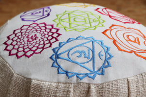 Embroidered Seven Chakra Round Zafu Yoga Pillow |Zipped Cover |Washable| Portable - Filling Options - Pre-Orders