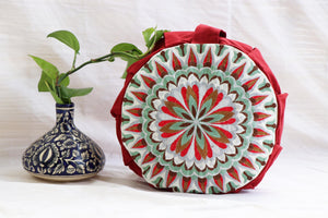 Embroidered Round Zafu Yoga Pillow |Zipped Cover |Washable| Portable - Size Medium - Mandala - Red Rose - Filling Options - Pre-Orders