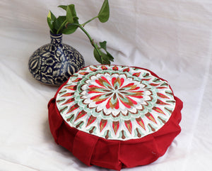 Embroidered Round Zafu Yoga Pillow |Zipped Cover |Washable| Portable - Size Medium - Mandala - Red Rose - Filling Options - Pre-Orders