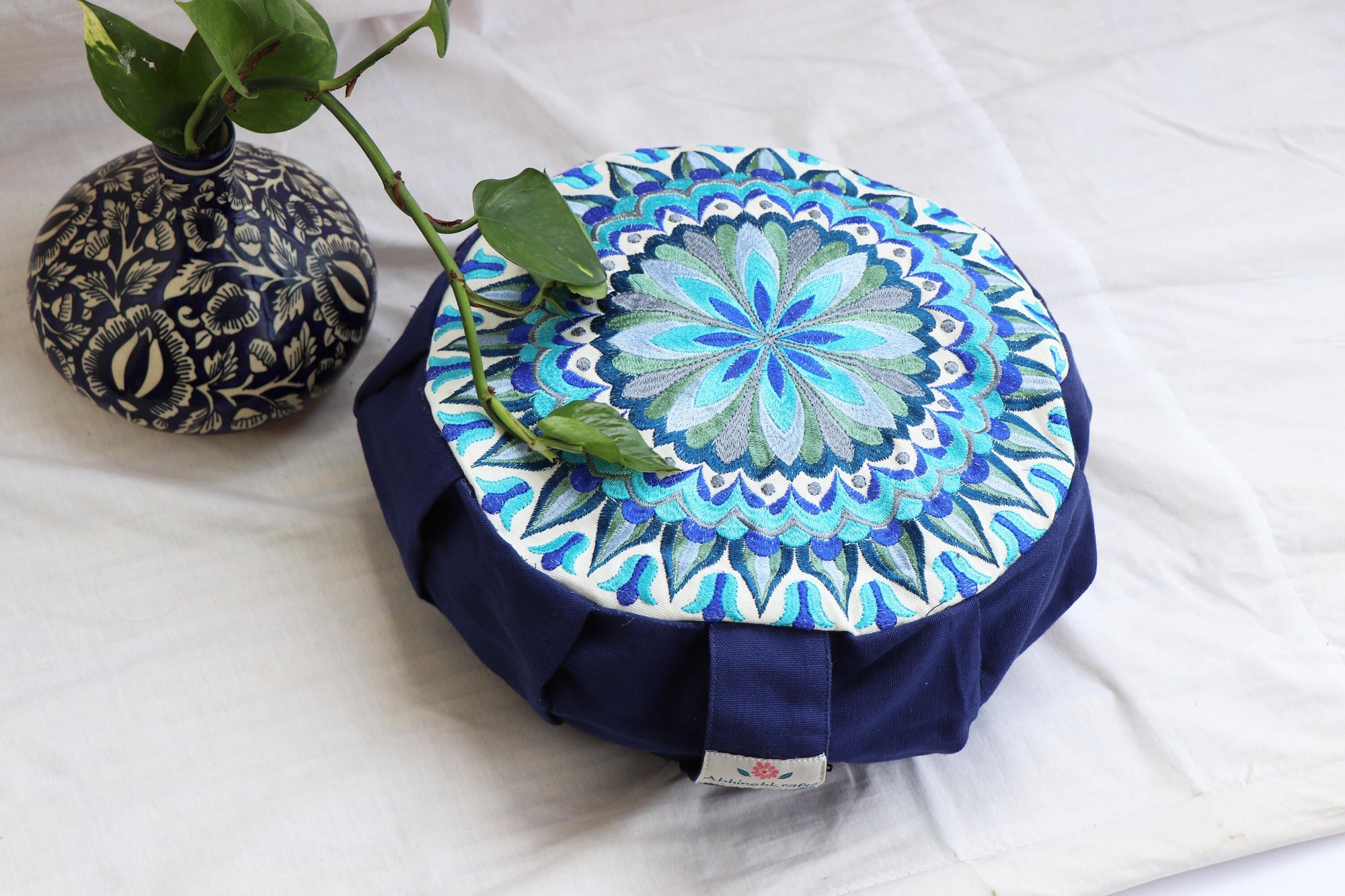 Embroidered Round Zafu Yoga Pillow |Zipped Cover |Washable| Portable - Size Medium - Mandala - Blue - Filling Options - Pre-Orders
