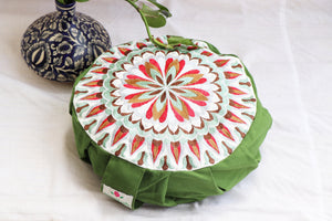 Embroidered Round Zafu Yoga Pillow |Zipped Cover |Washable| Portable - Size Medium - Mandala - Leafy Green - Filling Options - Pre-Orders