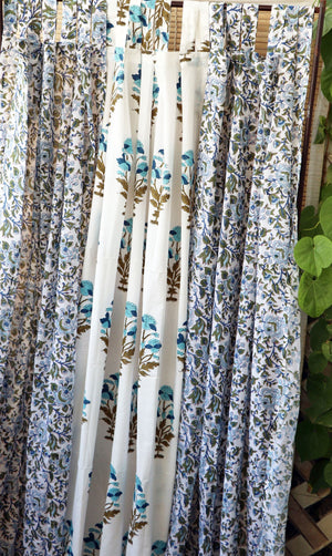 Handblock Print Mulmul (Muslin) Curtain/Room Divider/Sheer/Drape with Loops - Love as we know it - Set of Three Curtains