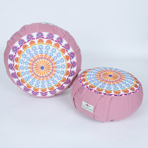 Embroidered Round Zafu Yoga Pillow |Zipped Cover |Washable| Portable - Godavari (Blue on Dust Pink) - Size and Filling Options