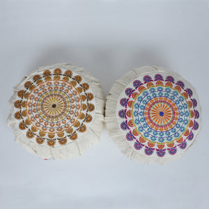 Embroidered Round Zafu Yoga Pillow |Zipped Cover |Washable| Portable - Ananda (Medium) Filling Options