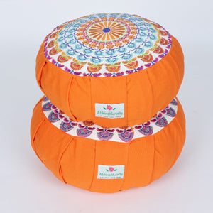 Embroidered Round Zafu Yoga Pillow |Zipped Cover |Washable| Portable - Ganga (Blue on Orange) - Size and Filling Options