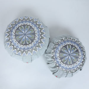 Embroidered Round Zafu Yoga Pillow |Zipped Cover |Washable| Portable - Narmada (Grey on Grey) - Size and Filling Options