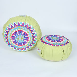 Embroidered Round Zafu Yoga Pillow |Zipped Cover |Washable| Portable - Yamuna (Blue on Olive) - Size and Filling Options