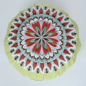 Embroidered Round Zafu Yoga Pillow |Zipped Cover |Washable| Portable - Jhelum (Red on Olive) - Size and Filling Options