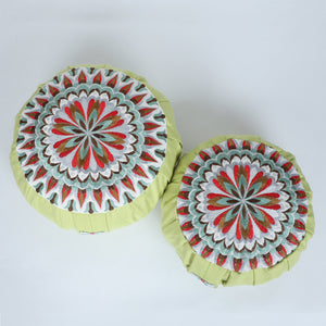 Embroidered Round Zafu Yoga Pillow |Zipped Cover |Washable| Portable - Jhelum (Red on Olive) - Size and Filling Options