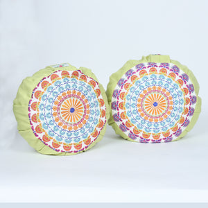 Embroidered Round Zafu Yoga Pillow |Zipped Cover |Washable| Portable - Saraswati (Orange on Olive) - Size and Filling Options