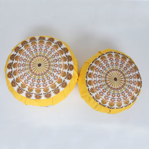 Embroidered Round Zafu Yoga Pillow |Zipped Cover |Washable| Portable - Krishna (Yellow on Yellow) - Size and Filling Options