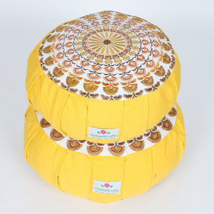Embroidered Round Zafu Yoga Pillow |Zipped Cover |Washable| Portable - Krishna (Yellow on Yellow) - Size and Filling Options