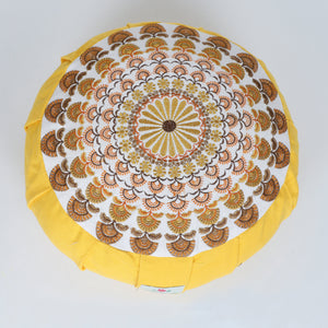 Embroidered Round Zafu Yoga Pillow |Zipped Cover |Washable| Portable - Krishna (Yellow on Yellow) - Size and Filling Options