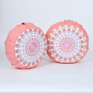 Embroidered Round Zafu Yoga Pillow |Zipped Cover |Washable| Portable - Alaknanda (Pink on PeachPink) - Size and Filling Options