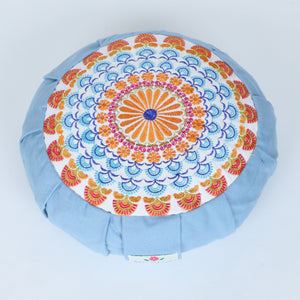 Embroidered Round Zafu Yoga Pillow |Zipped Cover |Washable| Portable - Gomti (Orange on Dust Blue) - Medium Size Limited Edition