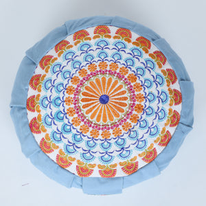 Embroidered Round Zafu Yoga Pillow |Zipped Cover |Washable| Portable - Gomti (Orange on Dust Blue) - Medium Size Limited Edition