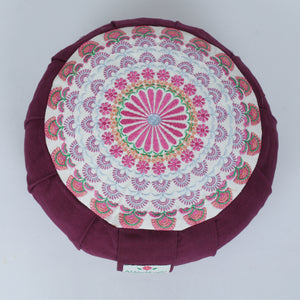 Embroidered Round Zafu Yoga Pillow |Zipped Cover |Washable| Portable - Kabini (Pink on Plum) - Medium Size Limited Edition