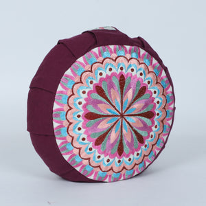 Embroidered Round Zafu Yoga Pillow |Zipped Cover |Washable| Portable - Periyar (Broad Purple on Purple) - Medium Size Limited Edition