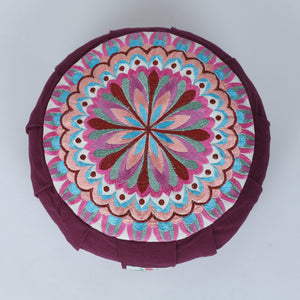 Embroidered Round Zafu Yoga Pillow |Zipped Cover |Washable| Portable - Periyar (Broad Purple on Purple) - Medium Size Limited Edition