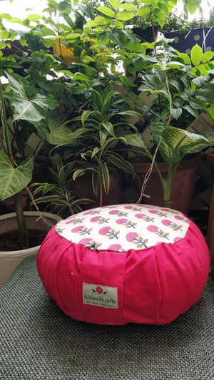 Round Zafu Yoga Pillow |Zipped Cover |Washable| Portable - Block Printed Floral Mughal (Pink) - Size and Filling Options Available