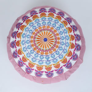 Embroidered Round Zafu Yoga Pillow |Zipped Cover |Washable| Portable - Godavari (Blue on Dust Pink) - Size and Filling Options