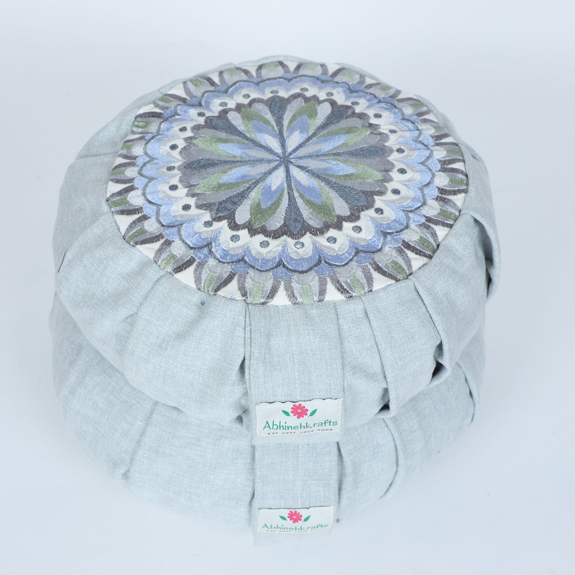 Embroidered Round Zafu Yoga Pillow |Zipped Cover |Washable| Portable - Narmada (Grey on Grey) - Size and Filling Options