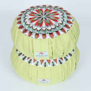 Embroidered Round Zafu Yoga Pillow |Zipped Cover |Washable| Portable - Jhelum (Red on Olive) - Size and Filling Options