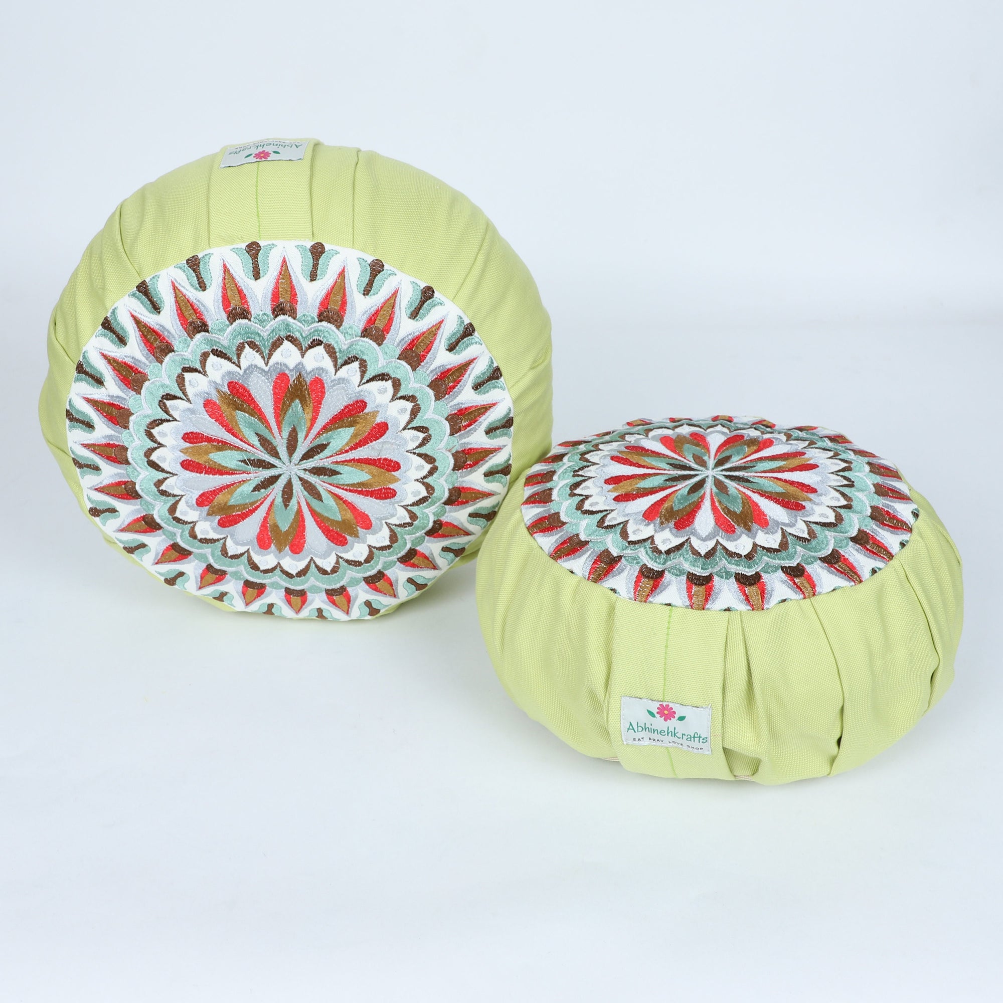 Embroidered Round Zafu Yoga Pillow |Zipped Cover |Washable| Portable - Jhelum (Red on Olive) - Size and Filling Options