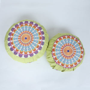 Embroidered Round Zafu Yoga Pillow |Zipped Cover |Washable| Portable - Saraswati (Orange on Olive) - Size and Filling Options