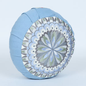 Embroidered Round Zafu Yoga Pillow |Zipped Cover |Washable| Portable - Tapti (Light Blue on Dust Blue) - Medium Size Limited Edition