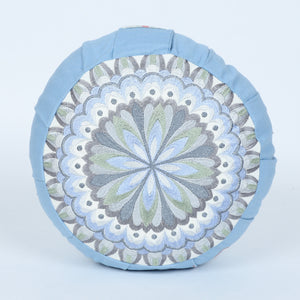 Embroidered Round Zafu Yoga Pillow |Zipped Cover |Washable| Portable - Tapti (Light Blue on Dust Blue) - Medium Size Limited Edition