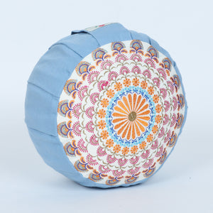 Embroidered Round Zafu Yoga Pillow |Zipped Cover |Washable| Portable - Sona (Gold on Dust Blue) - Medium Size Limited Edition