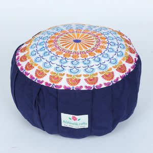 Embroidered Round Zafu Yoga Pillow |Zipped Cover |Washable| Portable - Parvati (Blue on Navy Blue) - Size and Filling Options Available