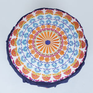 Embroidered Round Zafu Yoga Pillow |Zipped Cover |Washable| Portable - Parvati (Blue on Navy Blue) - Size and Filling Options Available