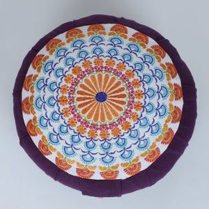 Embroidered Round Zafu Yoga Pillow |Zipped Cover |Washable| Portable - Zanskar (Blue on Purple) - Medium Size Limited Edition