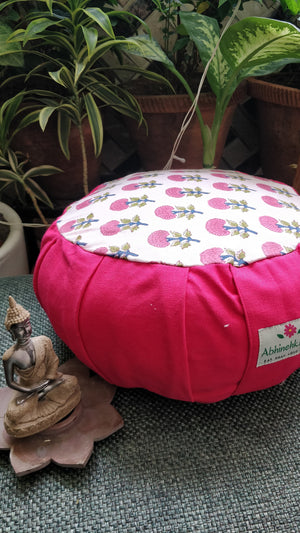 Round Zafu Yoga Pillow |Zipped Cover |Washable| Portable - Block Printed Floral Mughal (Pink) - Size and Filling Options Available