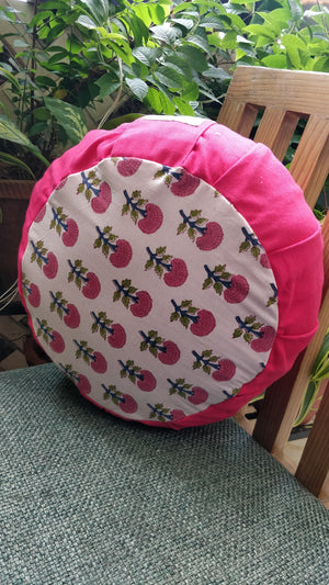 Round Zafu Yoga Pillow |Zipped Cover |Washable| Portable - Block Printed Floral Mughal (Pink) - Size and Filling Options Available